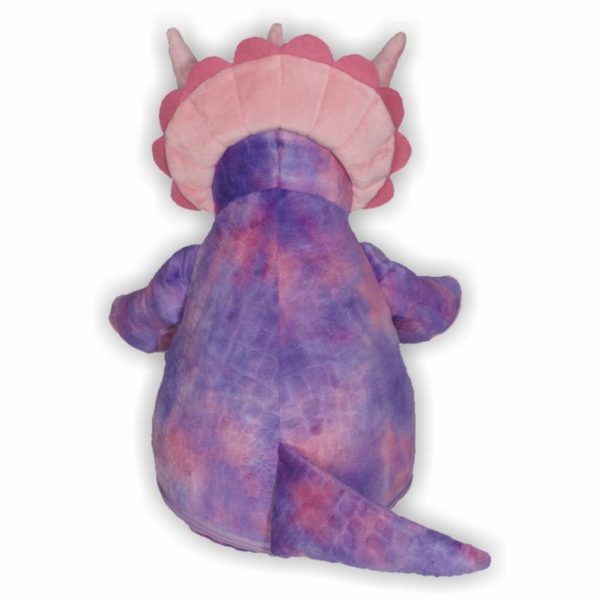 Mit ihrem rosa-lila geschecktem Fell und ihrer rosa Krone ist der Triceratops Daria die Königin der prähistorischen Ära